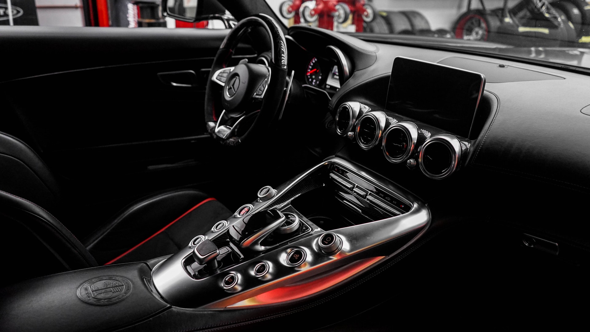 modern black and red interior of a mercedes